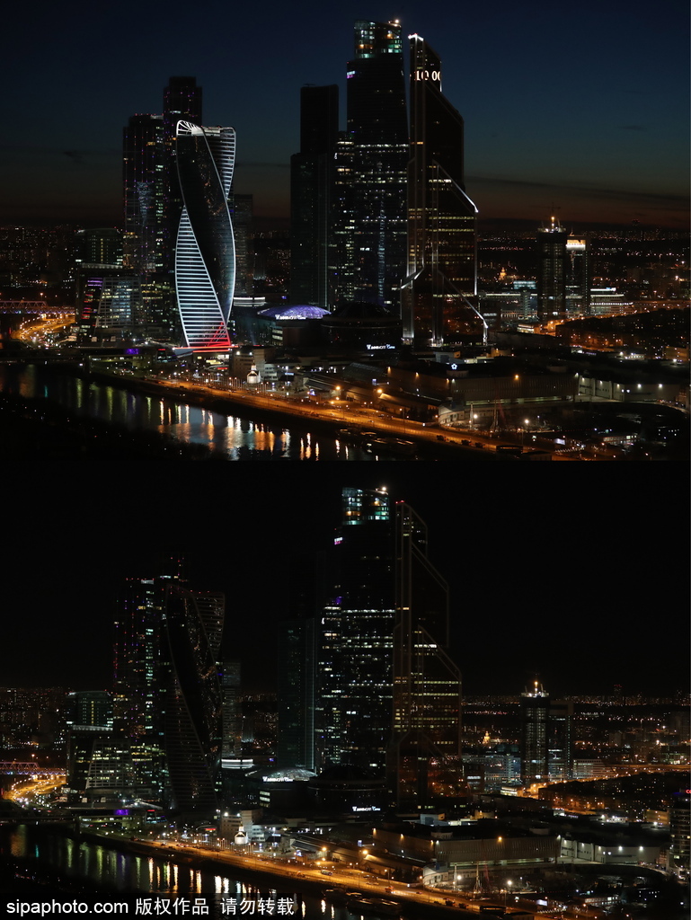 “地球一小時”莫斯科站 著名景點熄燈前后對比圖