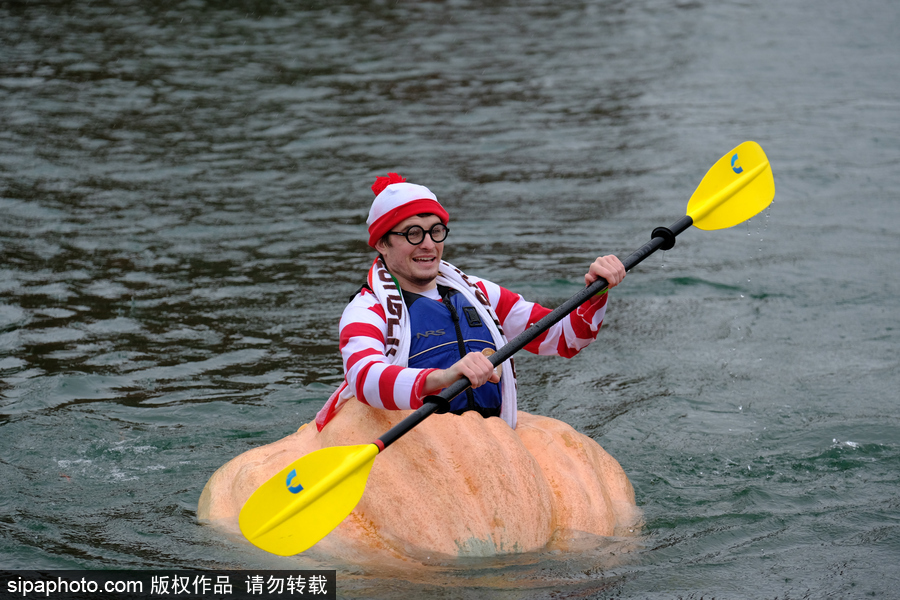 美國巨型南瓜賽舟會 選手劃小船趣味十足