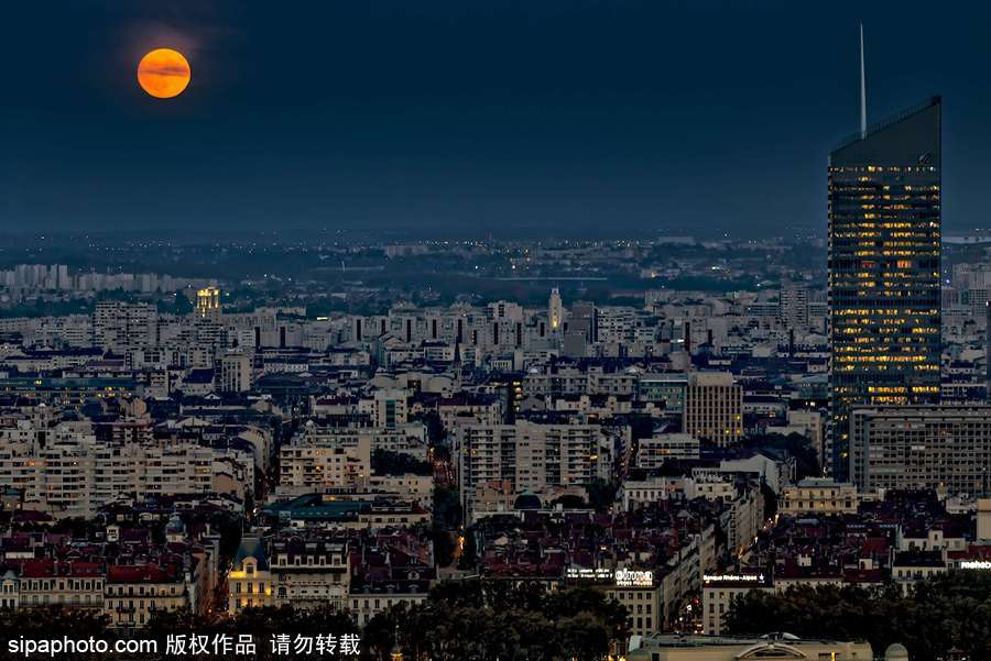 美得像油畫 法國里昂橙色“狩獵月”當空